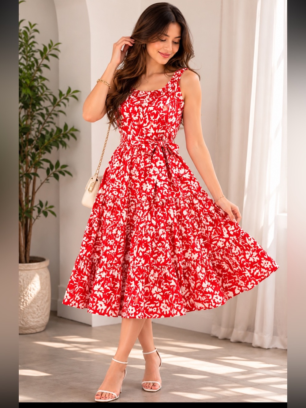 LROThschild vantage tiered cress cross belted midi dress red and white size 10